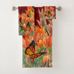 Serviette de bain pour tulipes et papillons rouges
