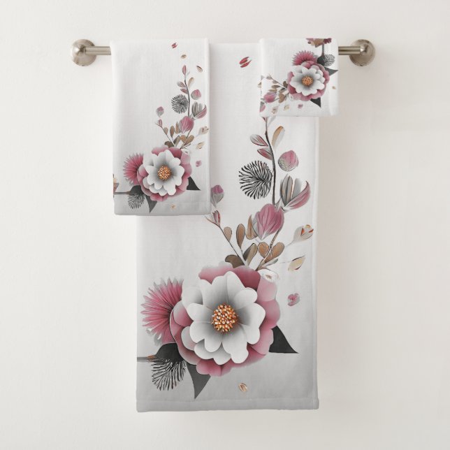 Serviette de bain rose blanc fleuri (En situation)