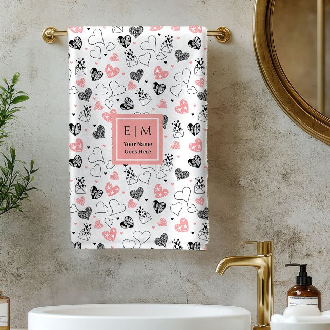 Serviette de bain rose noir texte d'amour pour la  (Cute Valentine Bath Towel Pink Black Love Text)