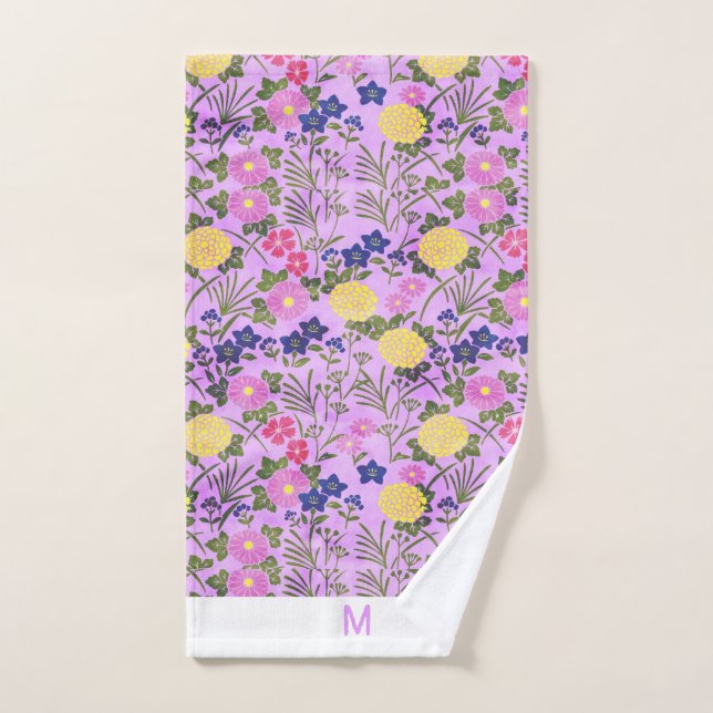 Serviette de bain rose tendance fleurie à monogram (Serviette à main)