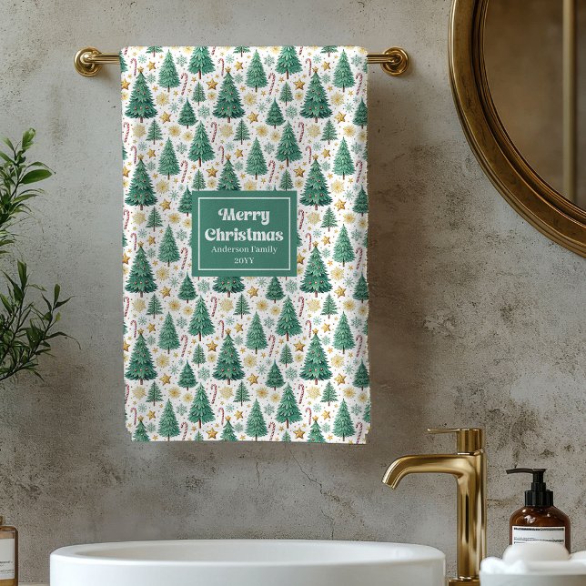 Serviette de bain rouge vert or pour sapin de Noël (Modern Christmas trees red green gold bath towel)