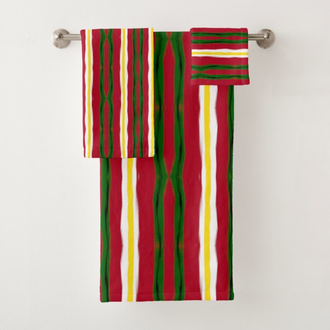 Serviette De Bain Rouge, Vert, Rayures Jaunes (En situation)