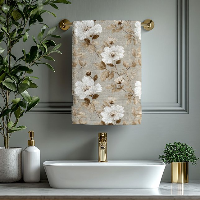 Serviette de bain terreuse Fleurs blanches ivoire  (Minimalist Ivory White Flowers Earthy Bath Towel)