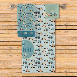 Serviette de bain tracteur mignon motif bleu nom v