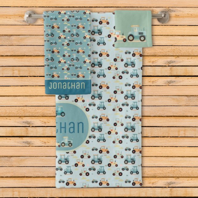 Serviette de bain tracteur mignon motif bleu nom v (Créateur téléchargé)