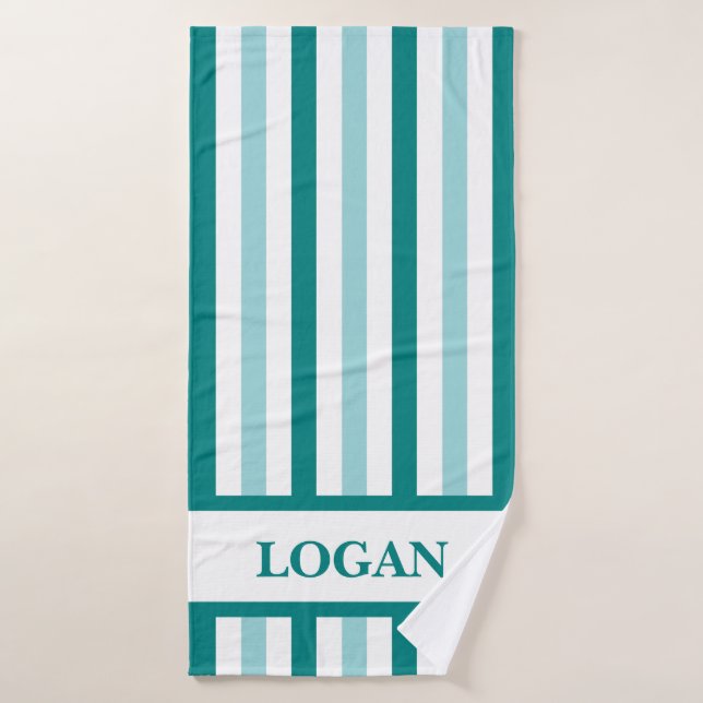 Serviette de bain turquoise en bande avec nom pers (Serviette de bain)