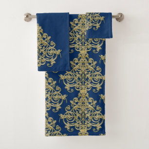 Serviette de bain vintage Gold et Blue Damask