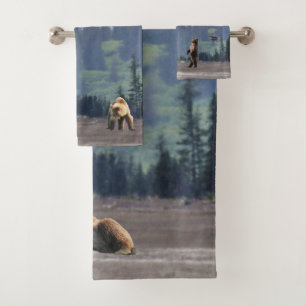 Serviette de Bath réglée avec des ours gris et d