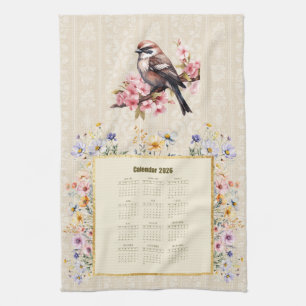 Serviette de calendrier 2026 Moineau aux fleurs sa