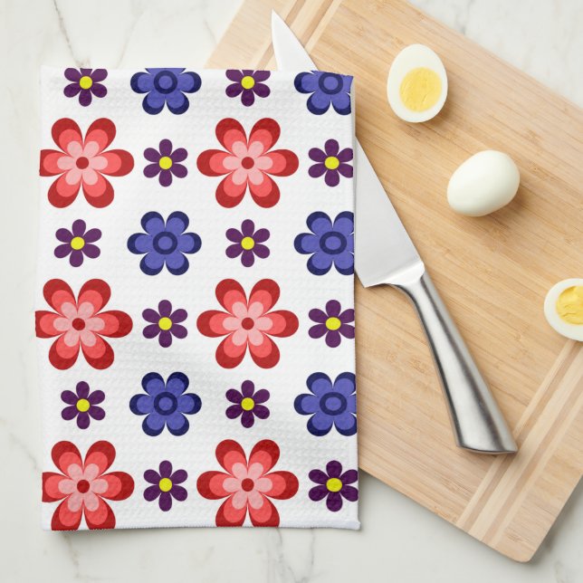 Serviette de cuisine à fleurs bleues violettes rou (Quart Plié)