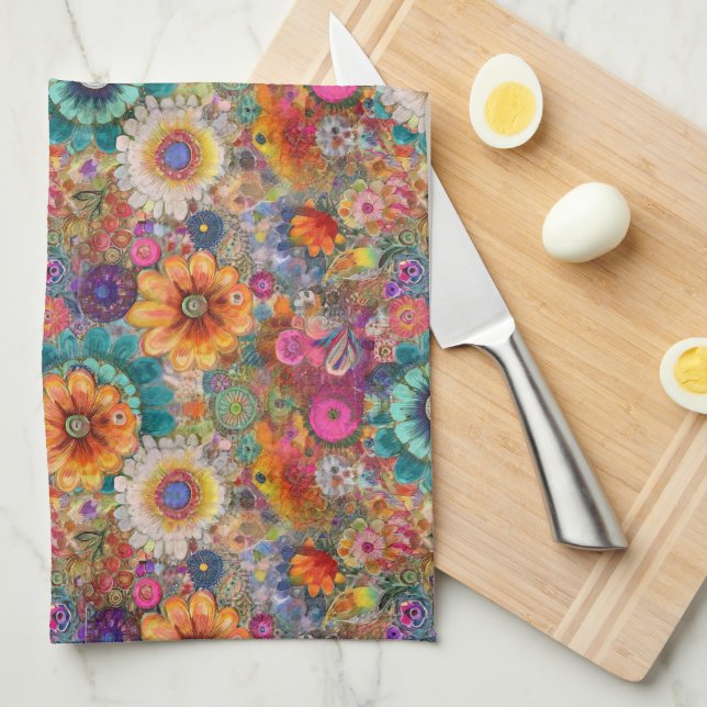 Serviette de cuisine à fleurs rouges (Quart Plié)