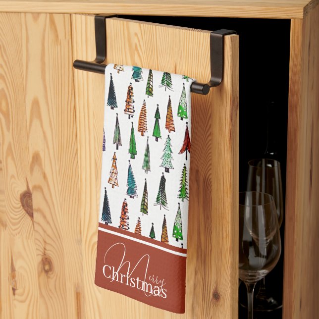 Serviette de cuisine à monogramme avec sapins de N (Pliage en tiers)