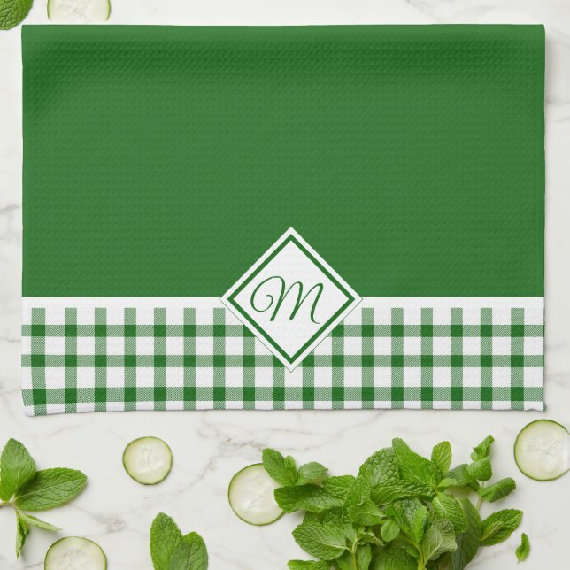 Serviette de cuisine à monogramme carreautée verte (Plié)