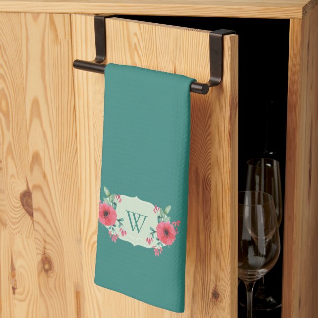 Serviette de cuisine à monogramme floral sarcelle  (Pliage en tiers)