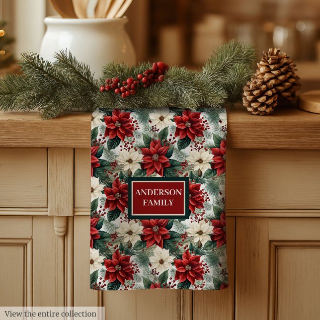 Serviette de cuisine à nom personnalisé Couronne d (Custom Name Kitchen Towel Chic Christmas Wreath)