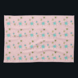 Serviette de cuisine atomique iconique rose de<br><div class="desc">Ce motif atomique iconique rose de serviette de cuisine de Starbursts comporte les starbursts atomiques iconiques. C'est exact ! La vieille école, la première Madame Pink a coloré l'arrière - plan avec des taches d'or est le contexte parfait pour la turquoise vibrante, le céleri calmant, et les cercles colorés de...</div>