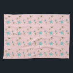 Serviette de cuisine atomique iconique rose de<br><div class="desc">Ce motif atomique iconique rose de serviette de cuisine de Starbursts comporte les starbursts atomiques iconiques. C'est exact ! La vieille école, la première Madame Pink a coloré l'arrière - plan avec des taches d'or est le contexte parfait pour la turquoise vibrante, le céleri calmant, et les cercles colorés de...</div>