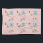 Serviette de cuisine atomique iconique rose de<br><div class="desc">Ce motif atomique iconique rose de serviette de cuisine de Starbursts (gros caractères) comporte les starbursts atomiques iconiques. C'est exact ! La vieille école, la première Madame Pink a coloré l'arrière - plan avec des taches d'or est le contexte parfait pour la turquoise vibrante, le céleri calmant, et les cercles...</div>