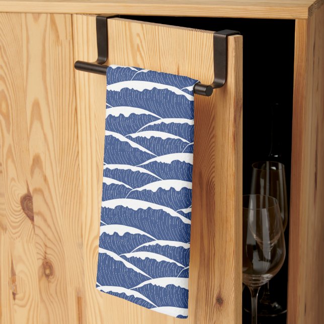 Serviette de cuisine bleue avec motif à vagues ill (Pliage en tiers)