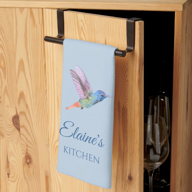 Serviette de cuisine bleue personnalisée Colibri (Pliage en tiers)