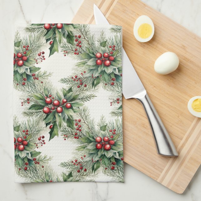 Serviette de cuisine de Noël aux baies rouges (Quart Plié)