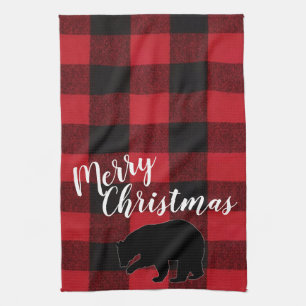 Serviette de cuisine de Noël Rouge Plaid Ours noir