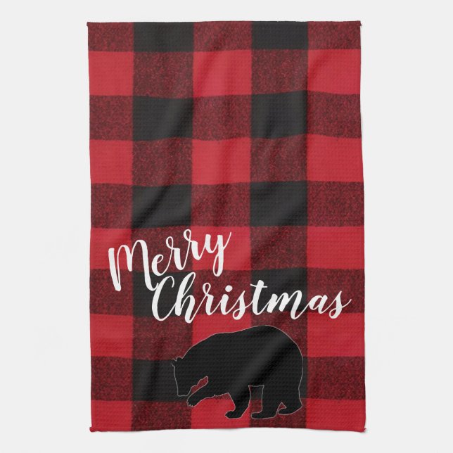 Serviette de cuisine de Noël Rouge Plaid Ours noir (Vertical)