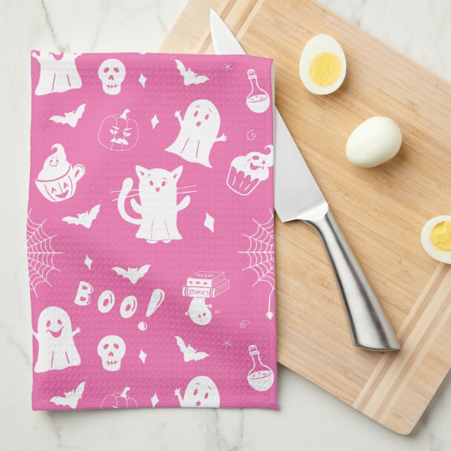 Serviette de cuisine éffrayante rose Halloween (Quart Plié)