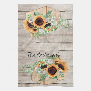 Serviette de cuisine en bois rustique et tournesol