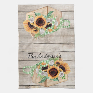 Serviette de cuisine en bois rustique et tournesol