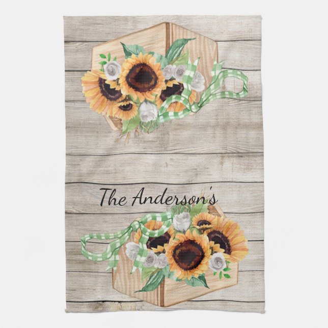 Serviette de cuisine en bois rustique et tournesol (Vertical)