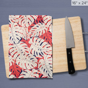 Serviette de cuisine en feuille marine et corail M