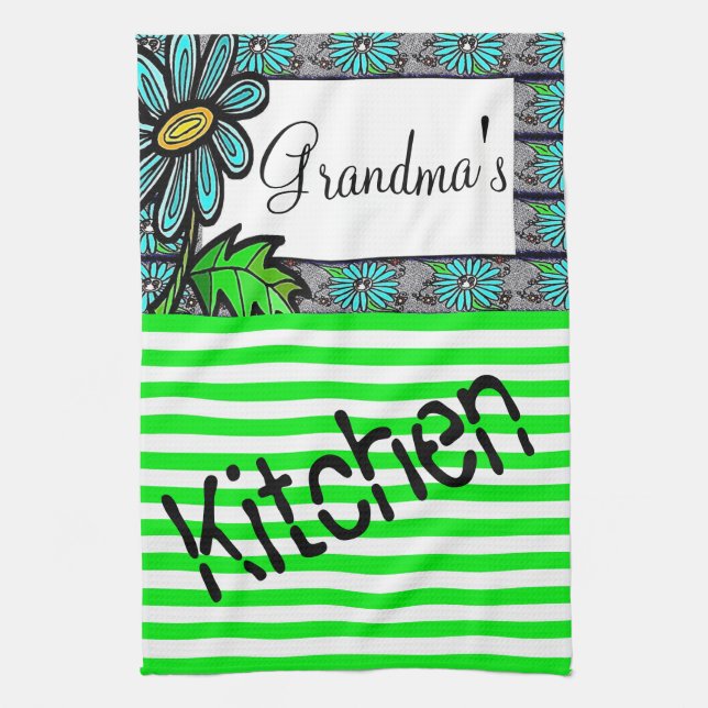 Serviette de cuisine en Grille Vert Floral (Vertical)