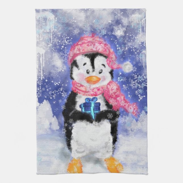 Serviette de cuisine en pingouin de Noël (Vertical)