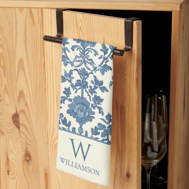 Serviette de cuisine en toile bleue avec monogramm (Pliage en tiers)