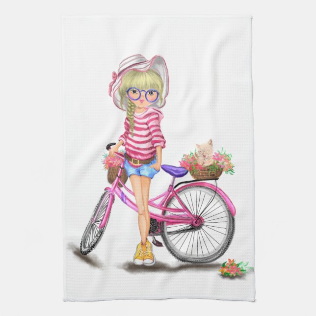 Serviette de cuisine Fille avec vélo (Vertical)
