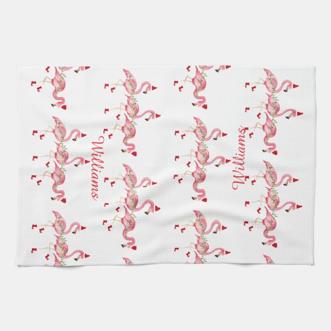 Serviette de cuisine flamants roses Noël monogramm (Horizontal)