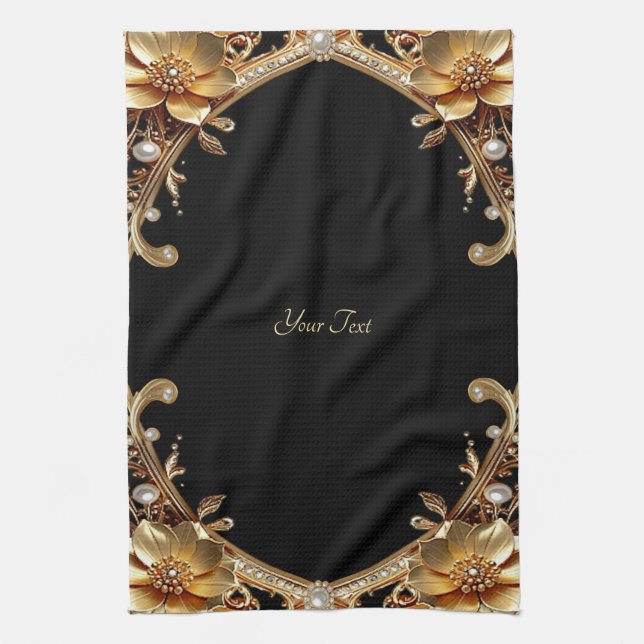 Serviette de cuisine Fleurs décoratives en or (Vertical)