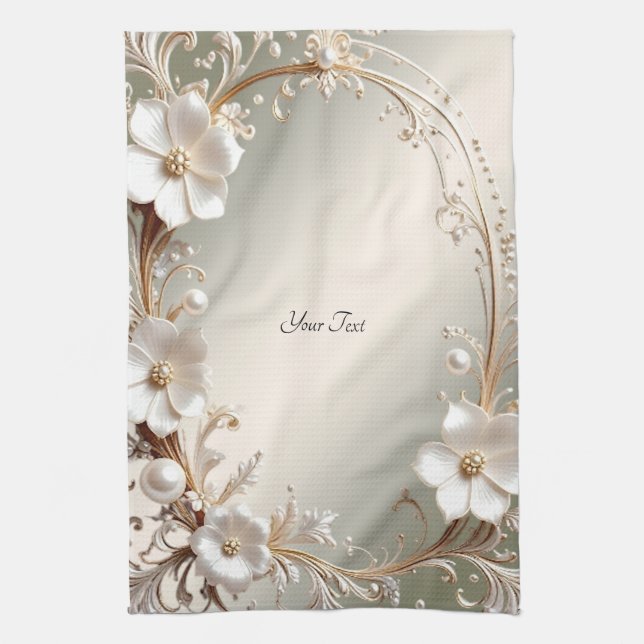 Serviette de cuisine florale blanche ornée (Vertical)