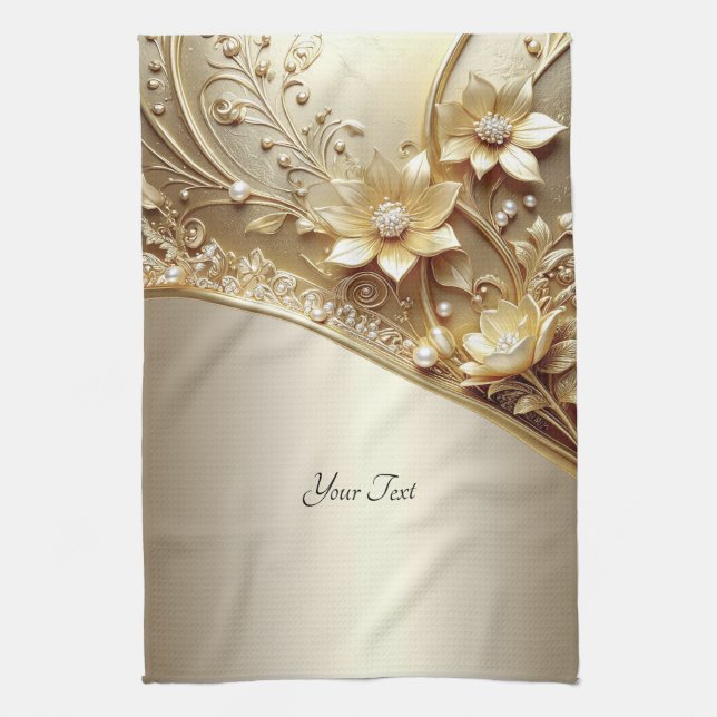 Serviette de cuisine florale dorée moderne ornée (Vertical)