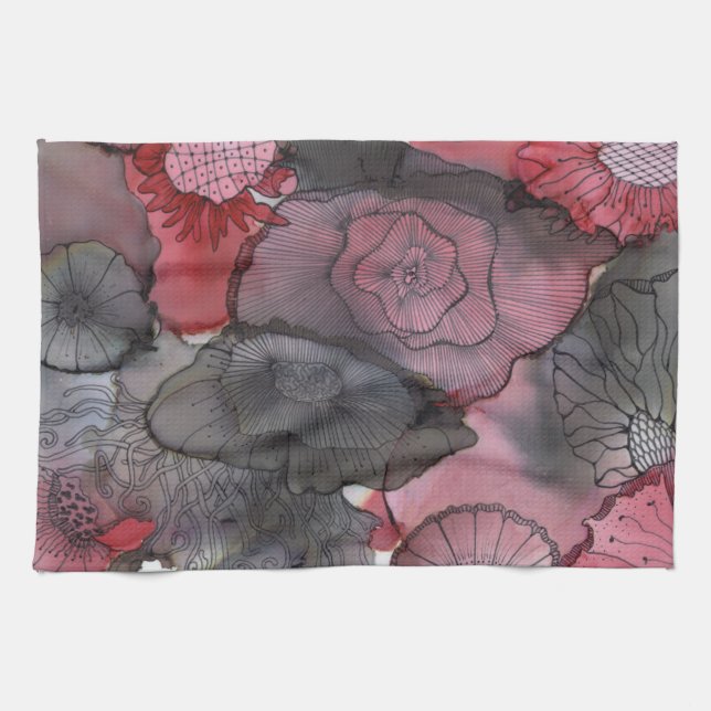 Serviette de cuisine florale noire rouge (Horizontal)