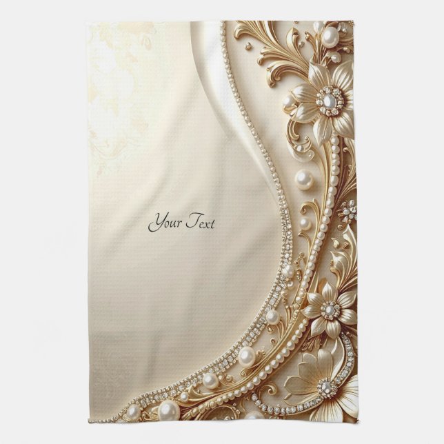 Serviette de cuisine florale ornée élégante en or (Vertical)