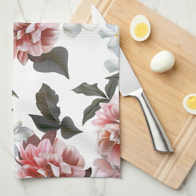 Serviette de cuisine florale Rose aquarelle (Quart Plié)
