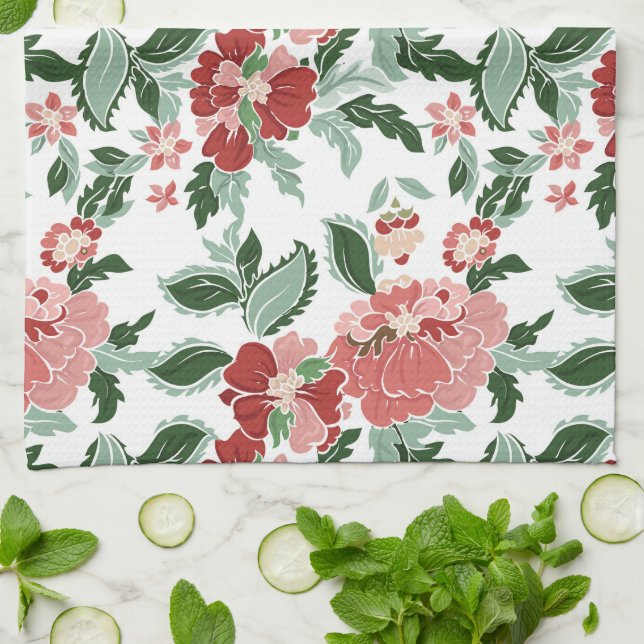 Serviette de cuisine florale rouge/olive (Plié)