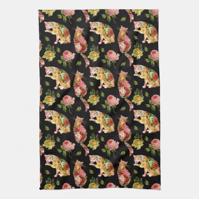 Serviette de cuisine florale Vintage Rose Kitties (Vertical)