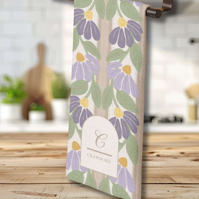 Serviette de cuisine florale violette vintage avec (Vintage Floral Kitchen Towel – Botanical Stripe Design for Spring & Everyday Joy)