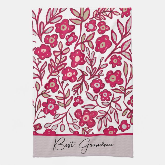 Serviette de cuisine Grandma Boho Floral Rouge Gri (Vertical)