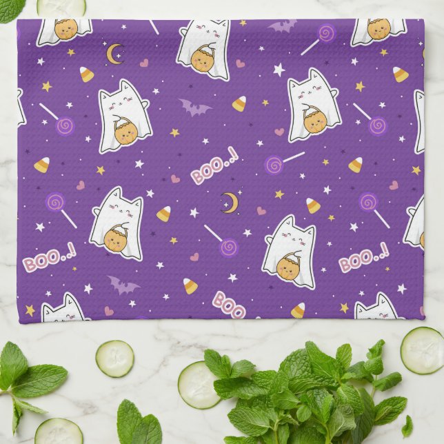 Serviette de cuisine Halloween Cat Ghost (Plié)