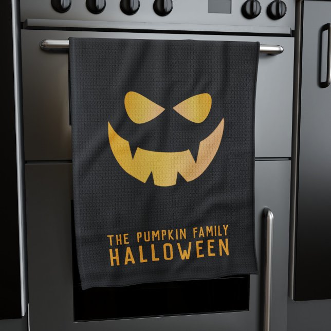 Serviette de cuisine Halloween Citrouille Jack-o'- (Perfect pumpkin kitchen towel for your Halloween Kitchen. Just add your name)