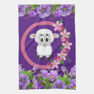 Serviette de cuisine mauve et florale de moutons